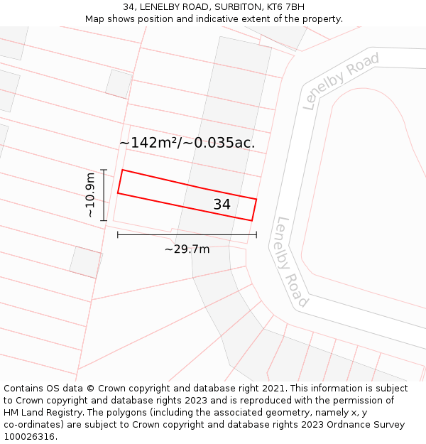 34, LENELBY ROAD, SURBITON, KT6 7BH: Plot and title map