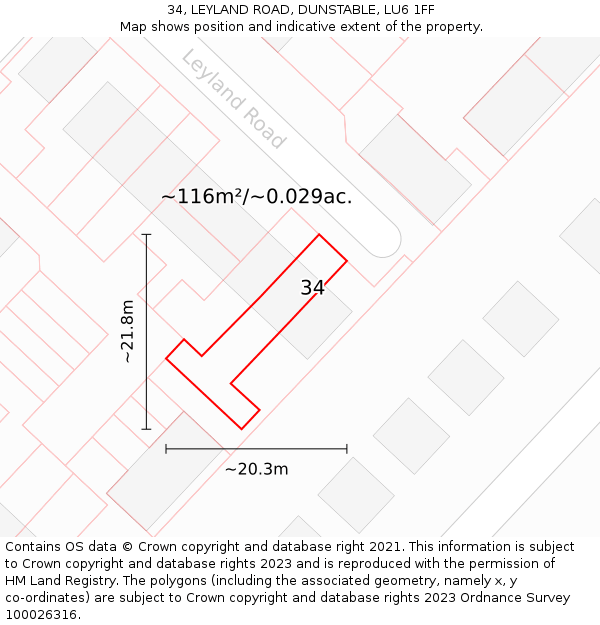 34, LEYLAND ROAD, DUNSTABLE, LU6 1FF: Plot and title map