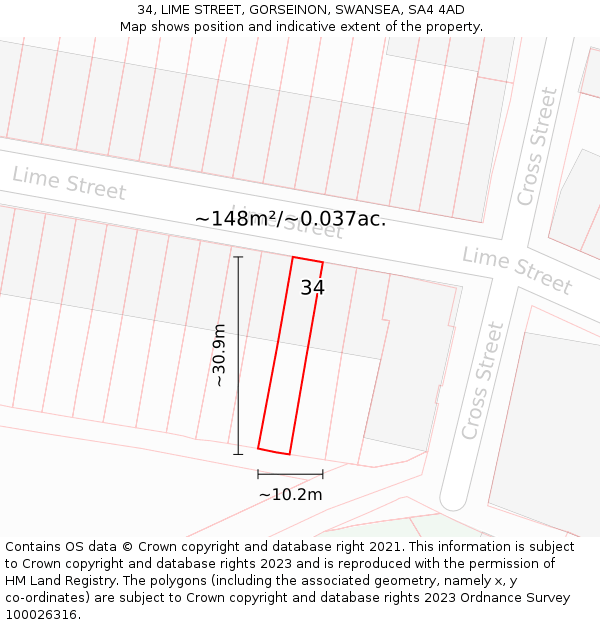 34, LIME STREET, GORSEINON, SWANSEA, SA4 4AD: Plot and title map