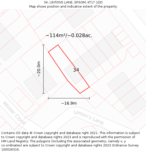 34, LINTONS LANE, EPSOM, KT17 1DD: Plot and title map