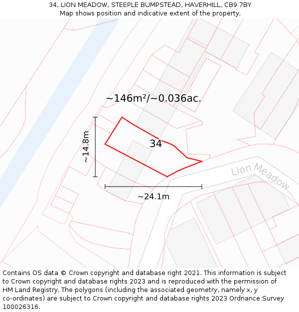 34, LION MEADOW, STEEPLE BUMPSTEAD, HAVERHILL, CB9 7BY: Plot and title map