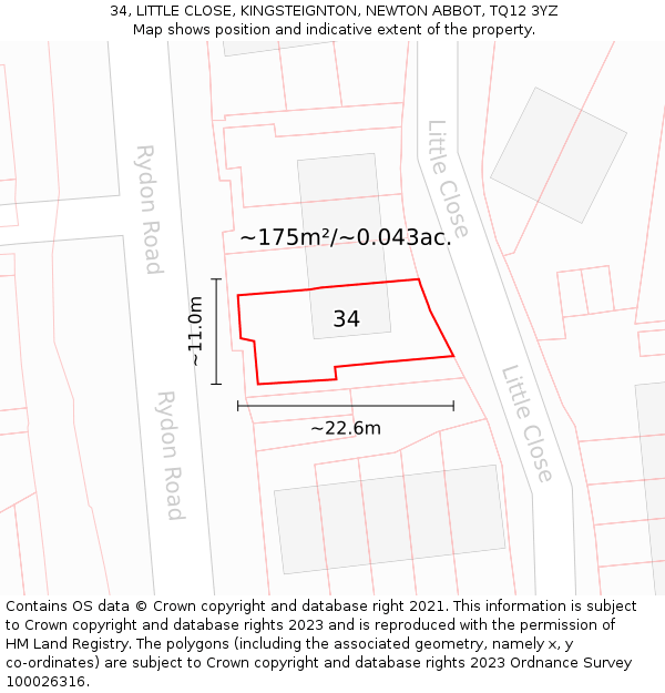 34, LITTLE CLOSE, KINGSTEIGNTON, NEWTON ABBOT, TQ12 3YZ: Plot and title map