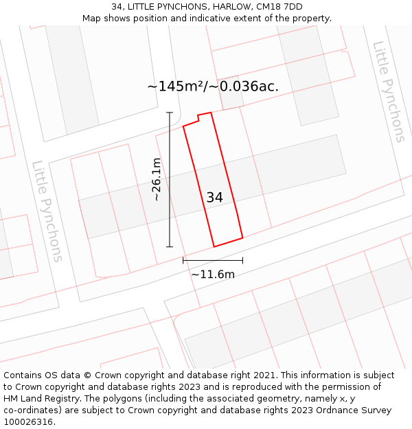 34, LITTLE PYNCHONS, HARLOW, CM18 7DD: Plot and title map