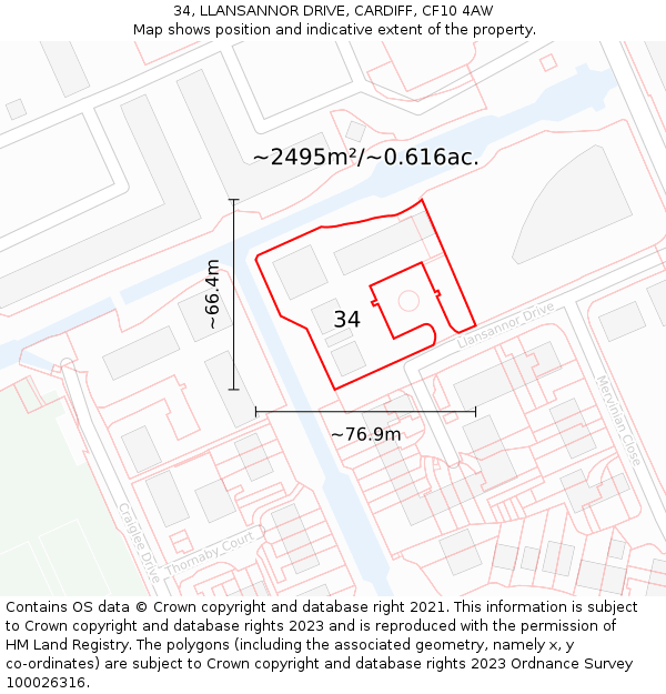 34, LLANSANNOR DRIVE, CARDIFF, CF10 4AW: Plot and title map