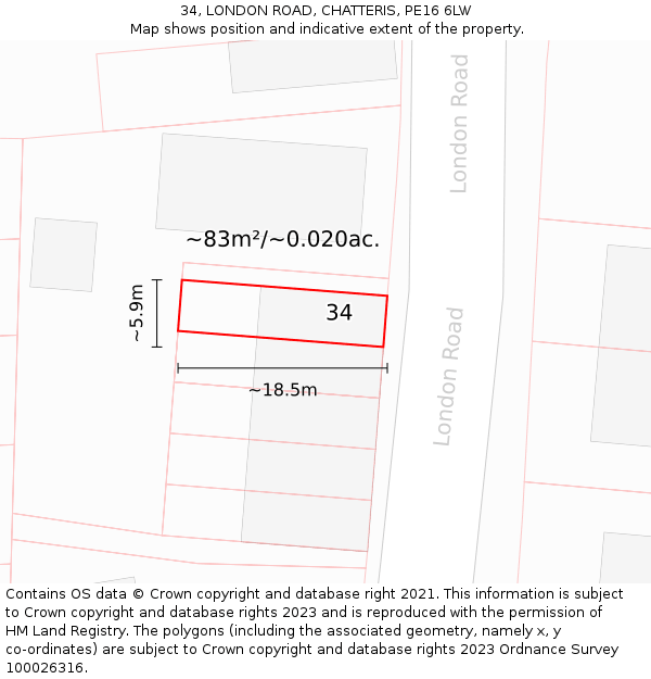 34, LONDON ROAD, CHATTERIS, PE16 6LW: Plot and title map