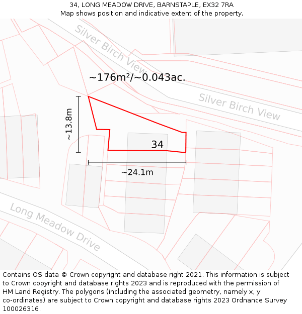 34, LONG MEADOW DRIVE, BARNSTAPLE, EX32 7RA: Plot and title map