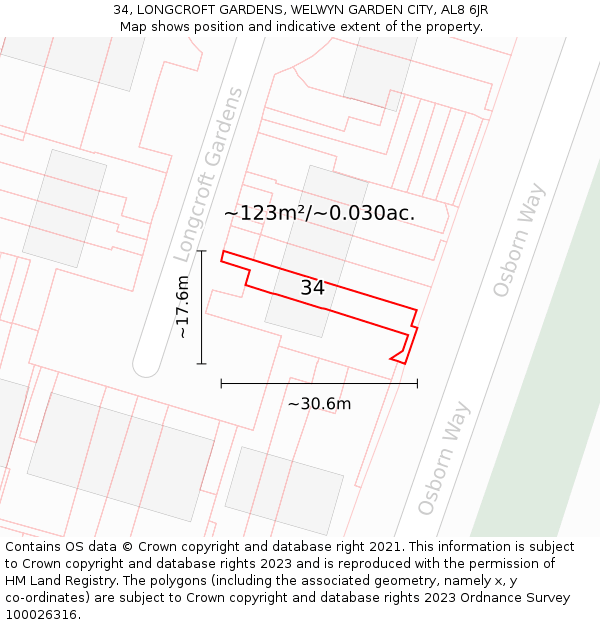 34, LONGCROFT GARDENS, WELWYN GARDEN CITY, AL8 6JR: Plot and title map