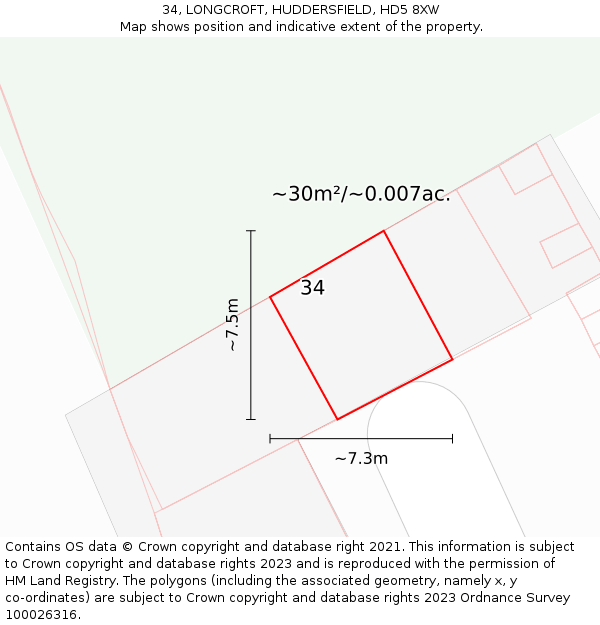 34, LONGCROFT, HUDDERSFIELD, HD5 8XW: Plot and title map