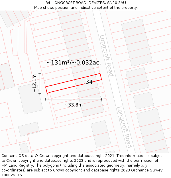 34, LONGCROFT ROAD, DEVIZES, SN10 3AU: Plot and title map