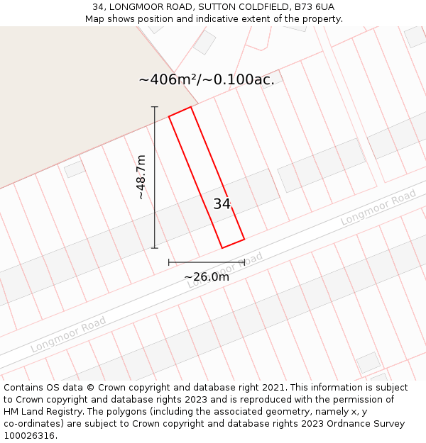 34, LONGMOOR ROAD, SUTTON COLDFIELD, B73 6UA: Plot and title map