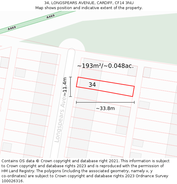 34, LONGSPEARS AVENUE, CARDIFF, CF14 3NU: Plot and title map