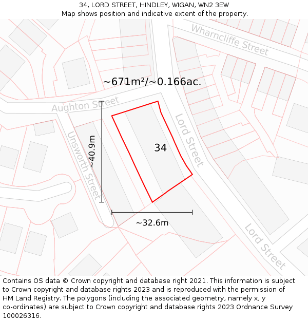34, LORD STREET, HINDLEY, WIGAN, WN2 3EW: Plot and title map