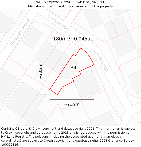34, LORDSWOOD, COATE, SWINDON, SN3 6EH: Plot and title map