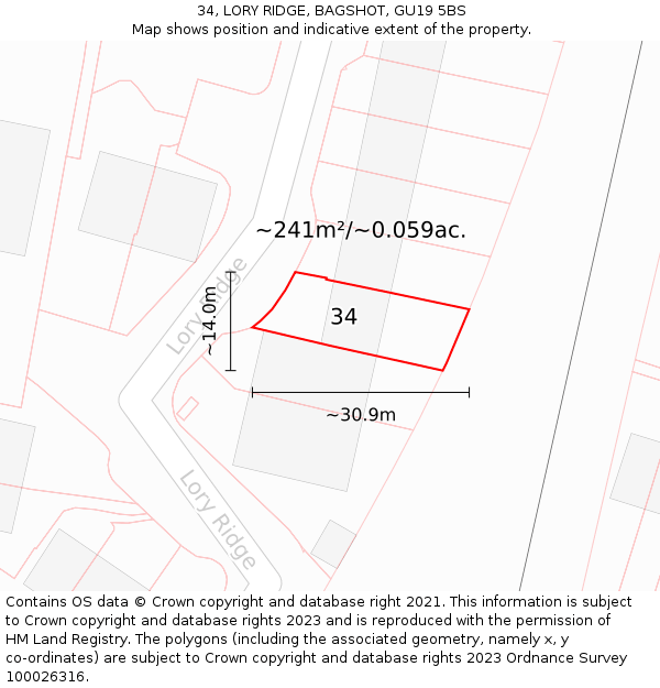 34, LORY RIDGE, BAGSHOT, GU19 5BS: Plot and title map