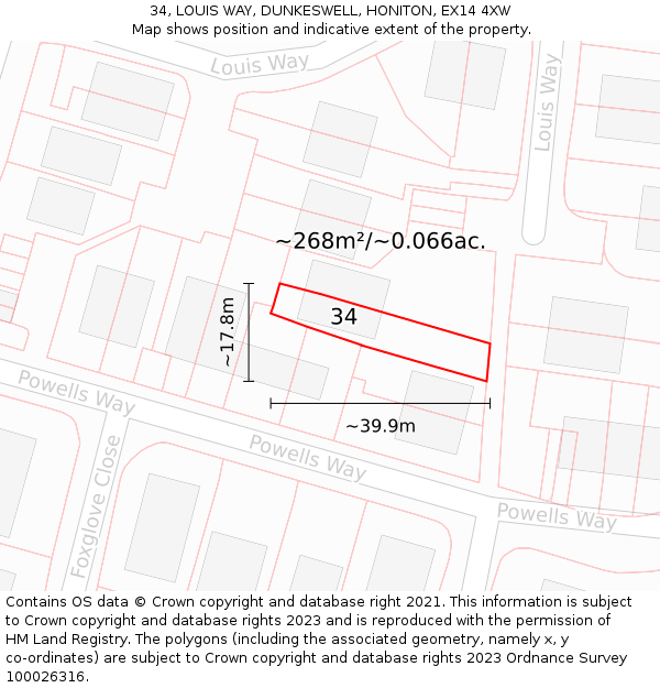 34, LOUIS WAY, DUNKESWELL, HONITON, EX14 4XW: Plot and title map