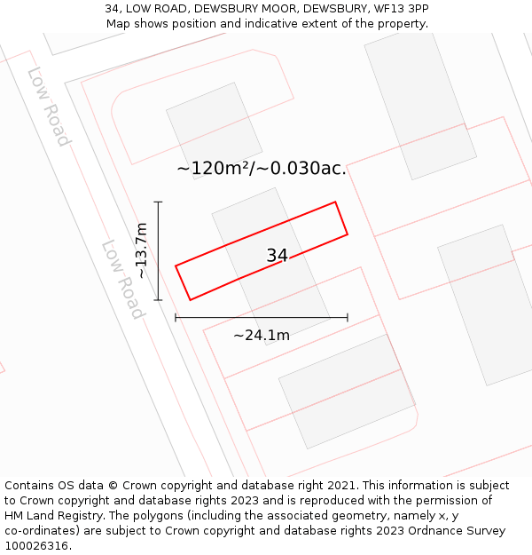 34, LOW ROAD, DEWSBURY MOOR, DEWSBURY, WF13 3PP: Plot and title map