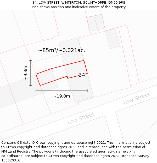 34, LOW STREET, WINTERTON, SCUNTHORPE, DN15 9RS: Plot and title map