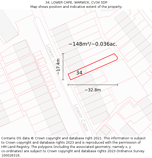 34, LOWER CAPE, WARWICK, CV34 5DP: Plot and title map