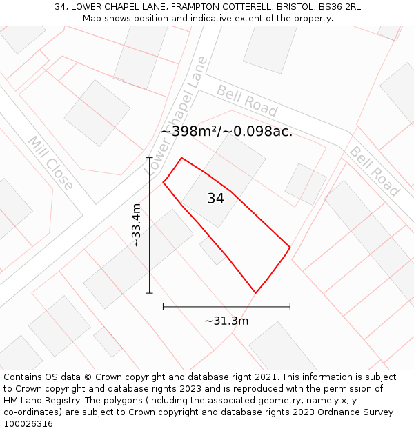 34, LOWER CHAPEL LANE, FRAMPTON COTTERELL, BRISTOL, BS36 2RL: Plot and title map