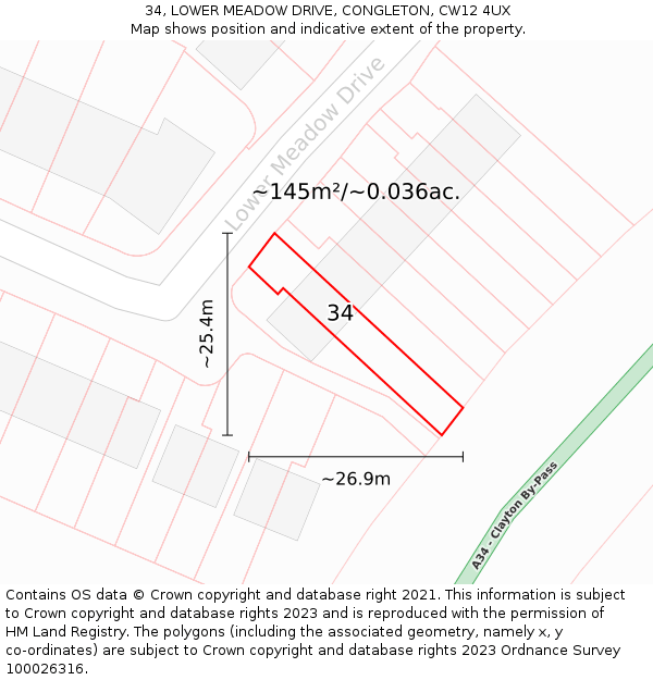 34, LOWER MEADOW DRIVE, CONGLETON, CW12 4UX: Plot and title map