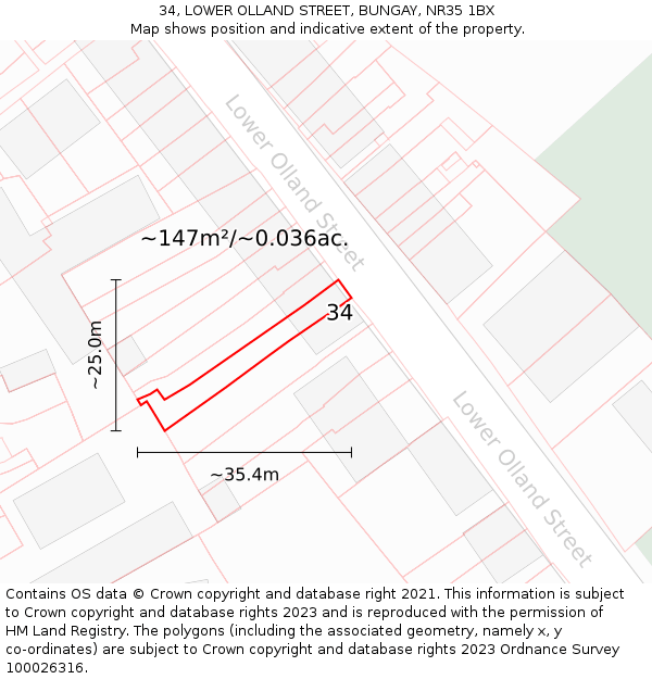 34, LOWER OLLAND STREET, BUNGAY, NR35 1BX: Plot and title map