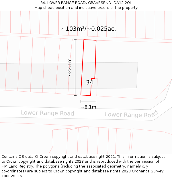 34, LOWER RANGE ROAD, GRAVESEND, DA12 2QL: Plot and title map