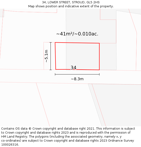 34, LOWER STREET, STROUD, GL5 2HS: Plot and title map