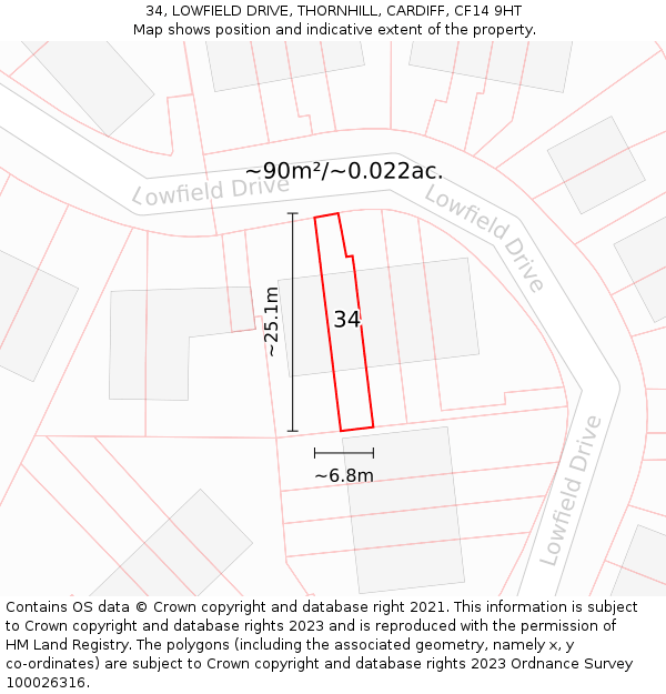 34, LOWFIELD DRIVE, THORNHILL, CARDIFF, CF14 9HT: Plot and title map