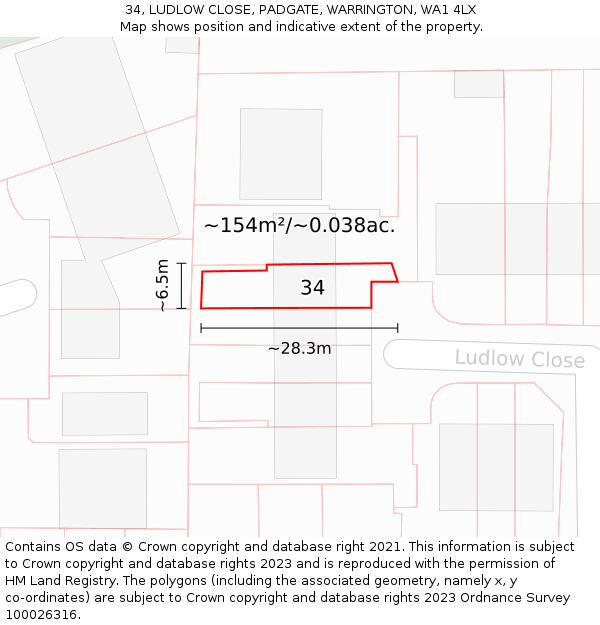 34, LUDLOW CLOSE, PADGATE, WARRINGTON, WA1 4LX: Plot and title map