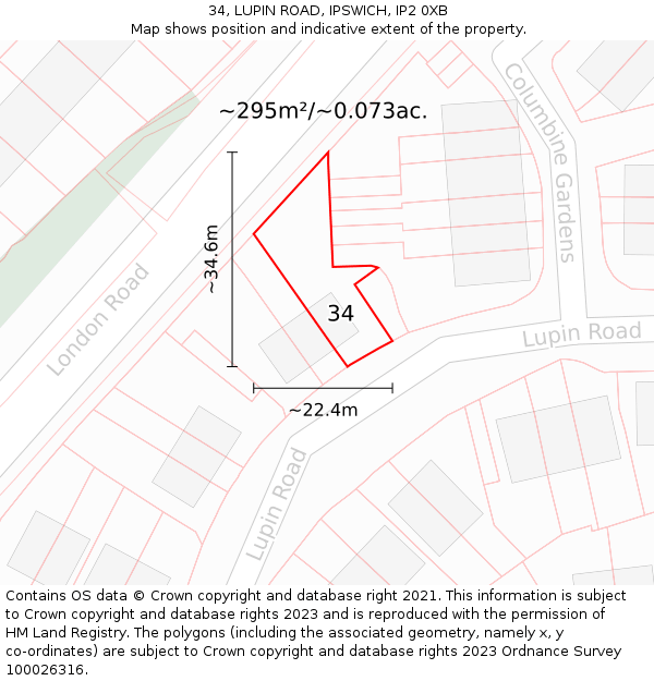 34, LUPIN ROAD, IPSWICH, IP2 0XB: Plot and title map