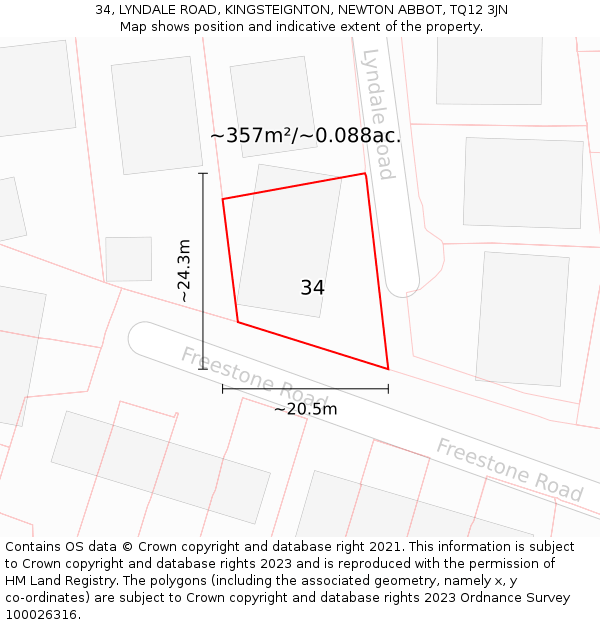 34, LYNDALE ROAD, KINGSTEIGNTON, NEWTON ABBOT, TQ12 3JN: Plot and title map