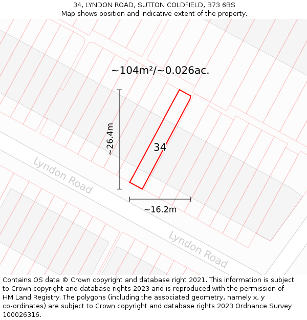 34, LYNDON ROAD, SUTTON COLDFIELD, B73 6BS: Plot and title map
