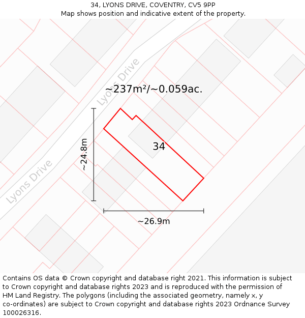34, LYONS DRIVE, COVENTRY, CV5 9PP: Plot and title map