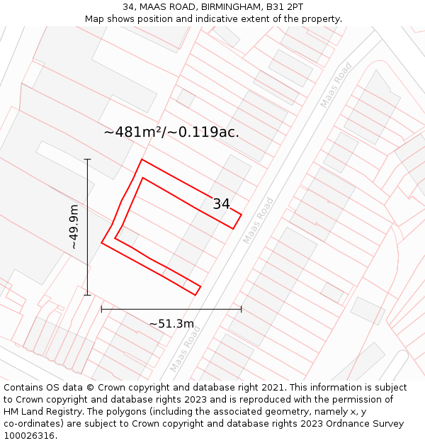 34, MAAS ROAD, BIRMINGHAM, B31 2PT: Plot and title map