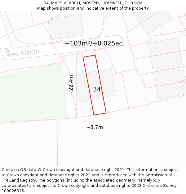 34, MAES ALARCH, MOSTYN, HOLYWELL, CH8 9QA: Plot and title map