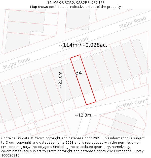 34, MAJOR ROAD, CARDIFF, CF5 1PF: Plot and title map