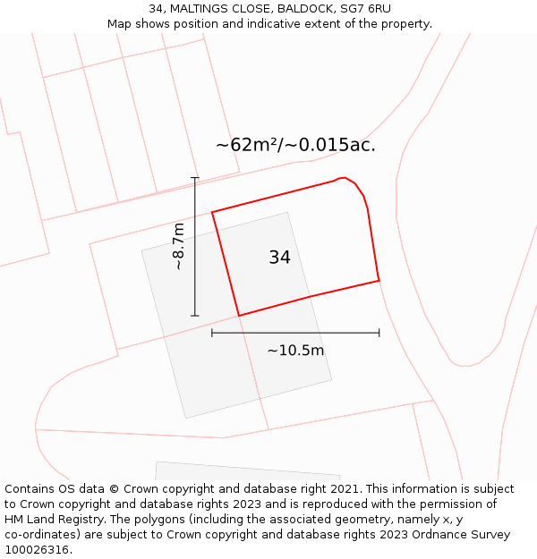 34, MALTINGS CLOSE, BALDOCK, SG7 6RU: Plot and title map