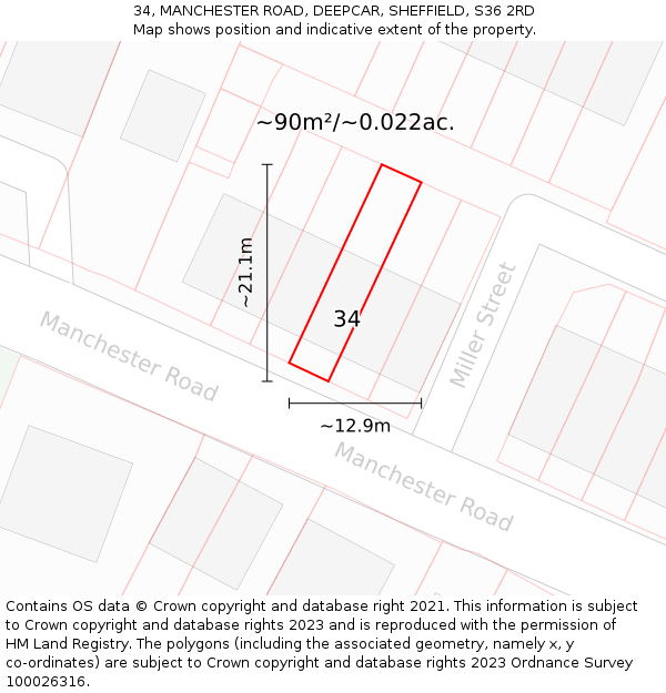 34, MANCHESTER ROAD, DEEPCAR, SHEFFIELD, S36 2RD: Plot and title map