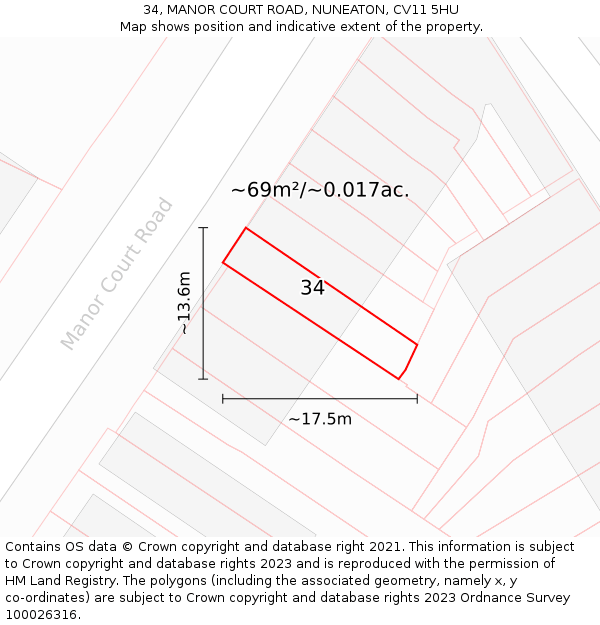 34, MANOR COURT ROAD, NUNEATON, CV11 5HU: Plot and title map