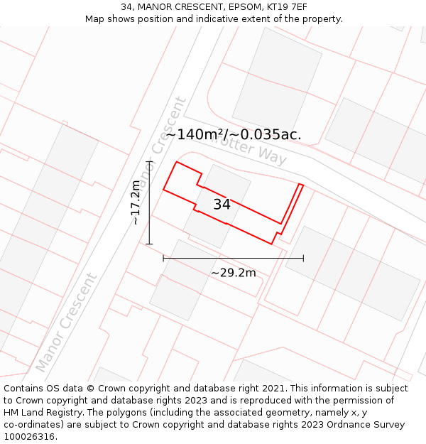34, MANOR CRESCENT, EPSOM, KT19 7EF: Plot and title map