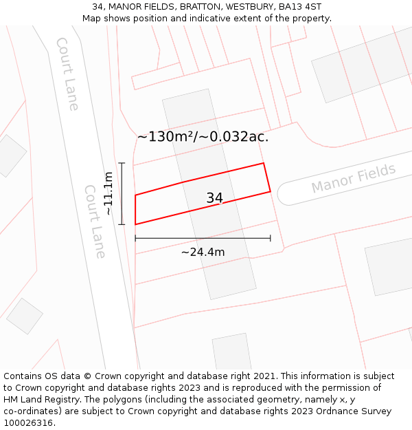 34, MANOR FIELDS, BRATTON, WESTBURY, BA13 4ST: Plot and title map