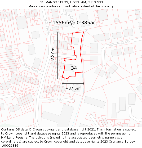 34, MANOR FIELDS, HORSHAM, RH13 6SB: Plot and title map