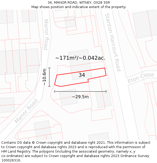 34, MANOR ROAD, WITNEY, OX28 3SR: Plot and title map