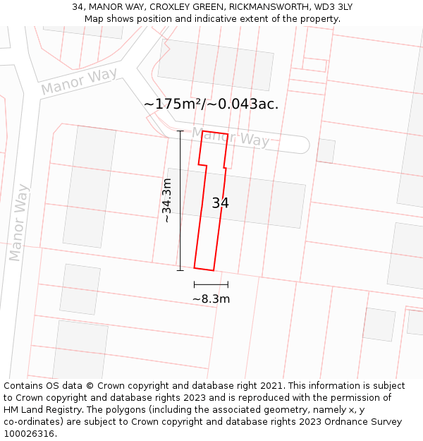 34, MANOR WAY, CROXLEY GREEN, RICKMANSWORTH, WD3 3LY: Plot and title map