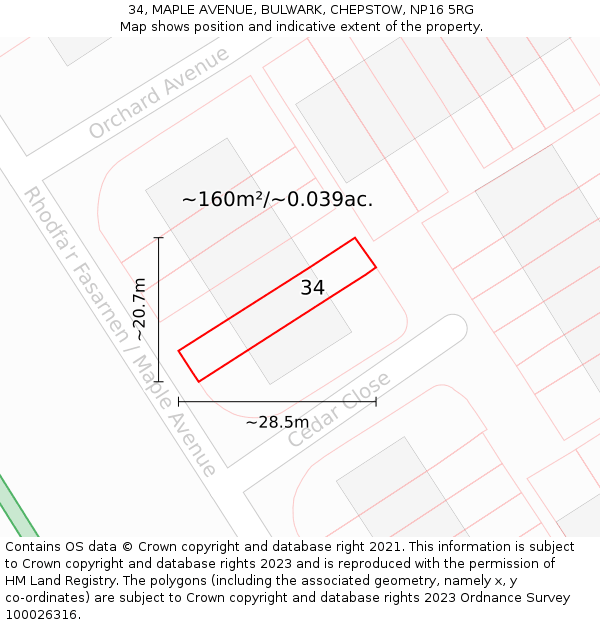 34, MAPLE AVENUE, BULWARK, CHEPSTOW, NP16 5RG: Plot and title map