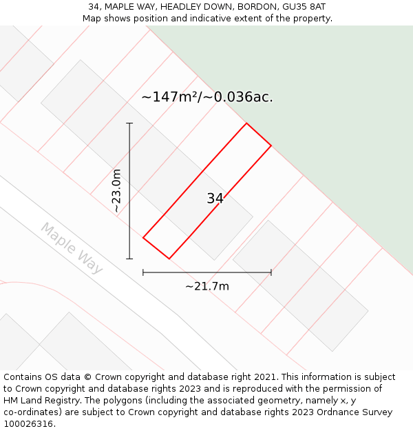 34, MAPLE WAY, HEADLEY DOWN, BORDON, GU35 8AT: Plot and title map