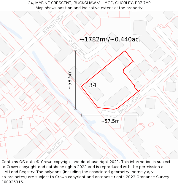 34, MARINE CRESCENT, BUCKSHAW VILLAGE, CHORLEY, PR7 7AP: Plot and title map