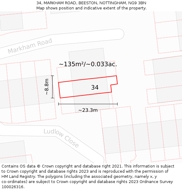 34, MARKHAM ROAD, BEESTON, NOTTINGHAM, NG9 3BN: Plot and title map