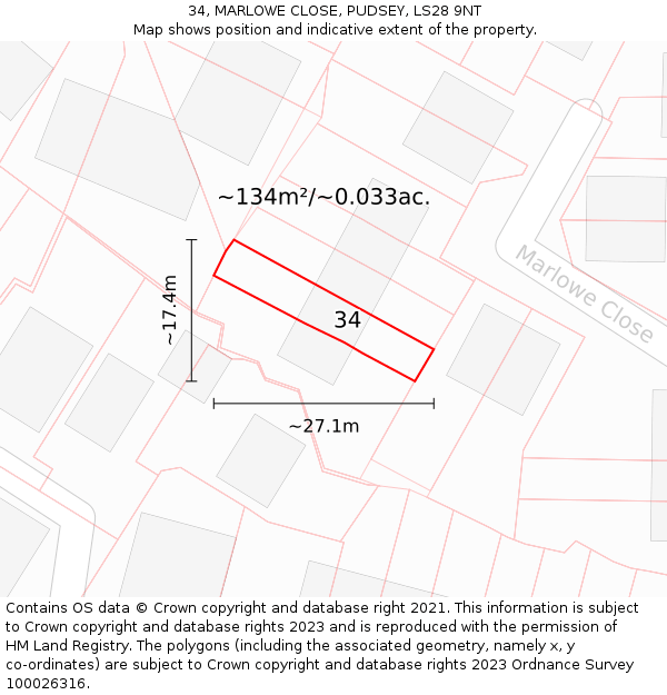 34, MARLOWE CLOSE, PUDSEY, LS28 9NT: Plot and title map