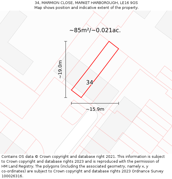 34, MARMION CLOSE, MARKET HARBOROUGH, LE16 9GS: Plot and title map